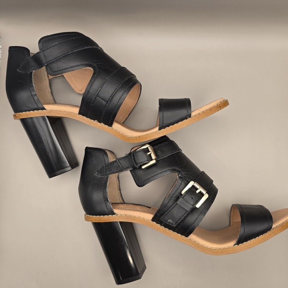 H&M Genuine Leather Sandal 3 Inch Block Heel Open Toe Adjustable Strap Black 7. - Picture 3 of 11